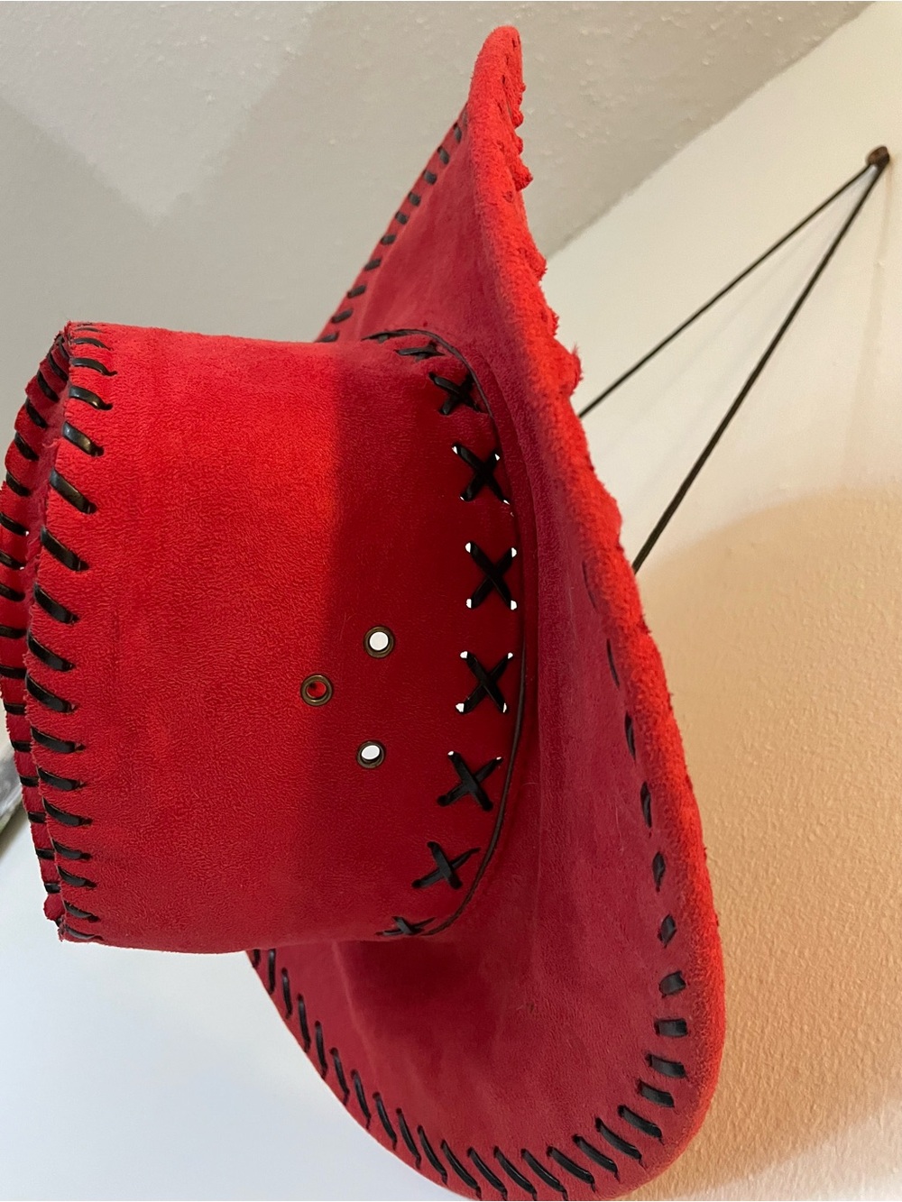 Red Suede Cowboy Hat with Black Whipstitch Details
